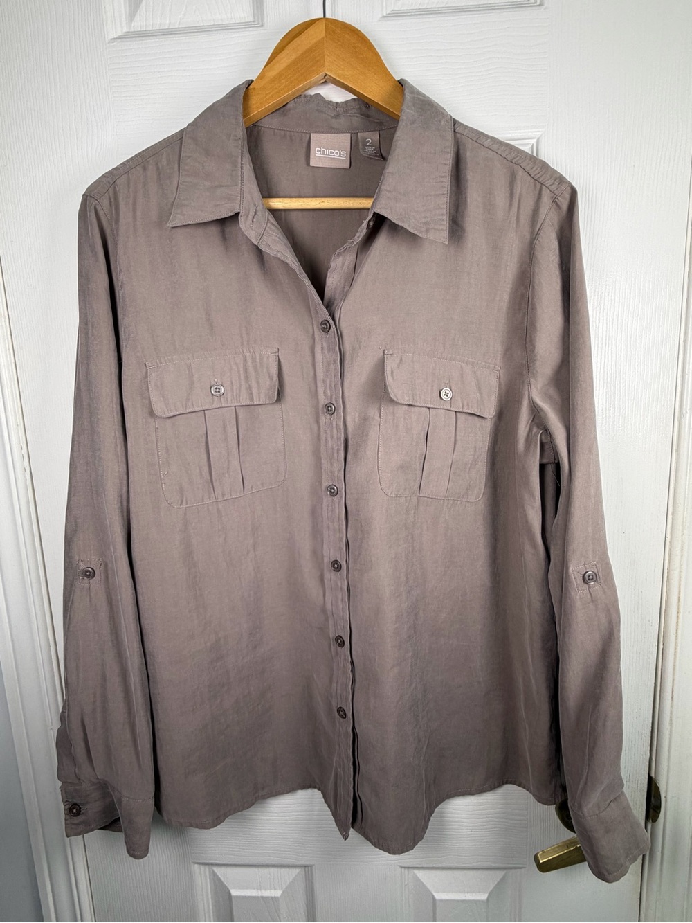 Chico's Taupe Button Down Shirt Size 2 L Utility Roll Tab Sleeve Quiet Luxury